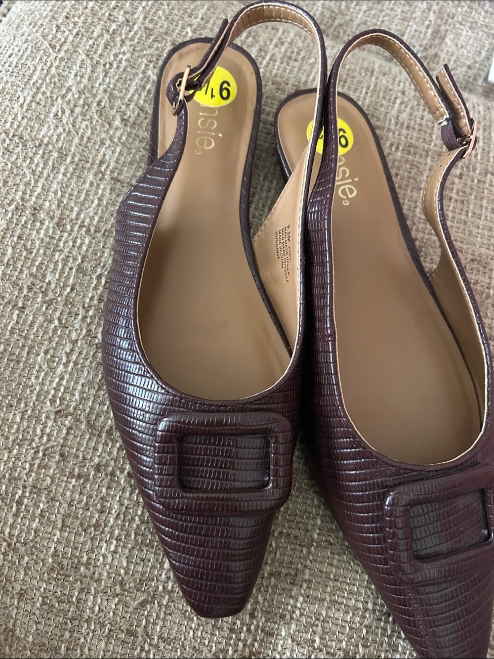 Kensie Dark Brown Pointed Slingback Flats with Textured Buckle